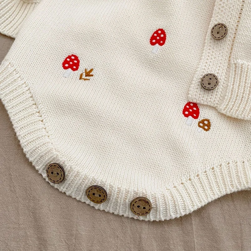 2023 Newborn Baby Girl Knitwear Clothes Mushroom Embroidery Knitted Romper Sweater Cardigan Tops Warm Outfits Spring Fall Suit