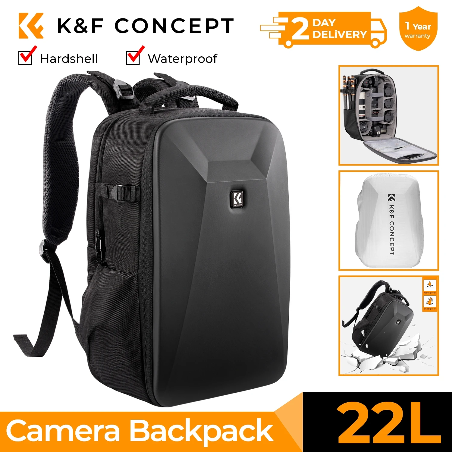 K & F Concept 남성용 대용량 카메라 가방, 여행 사진 배낭, 방수 배낭 가방, DSLR SLR 카메라 레인 커버, 22L