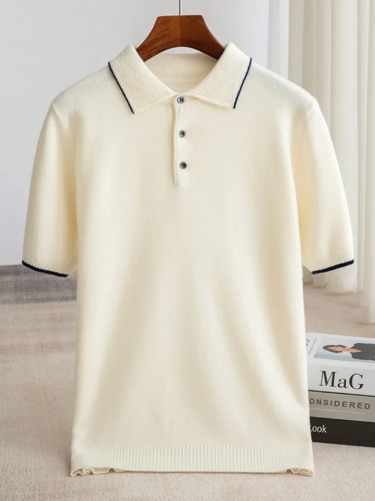 100% Australian wool POLO neck knitted short-sleeved loose large size contrasting color half-sleeved business casual T-shirt top