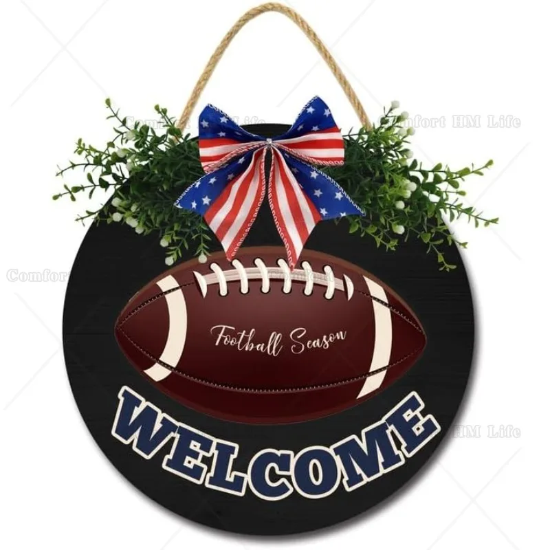 Welcome Football Door Sign Funny Wreaths Hanging Wooden Plaque Round Rustic Farmhouse Porch Decor for Home Front Door Decor