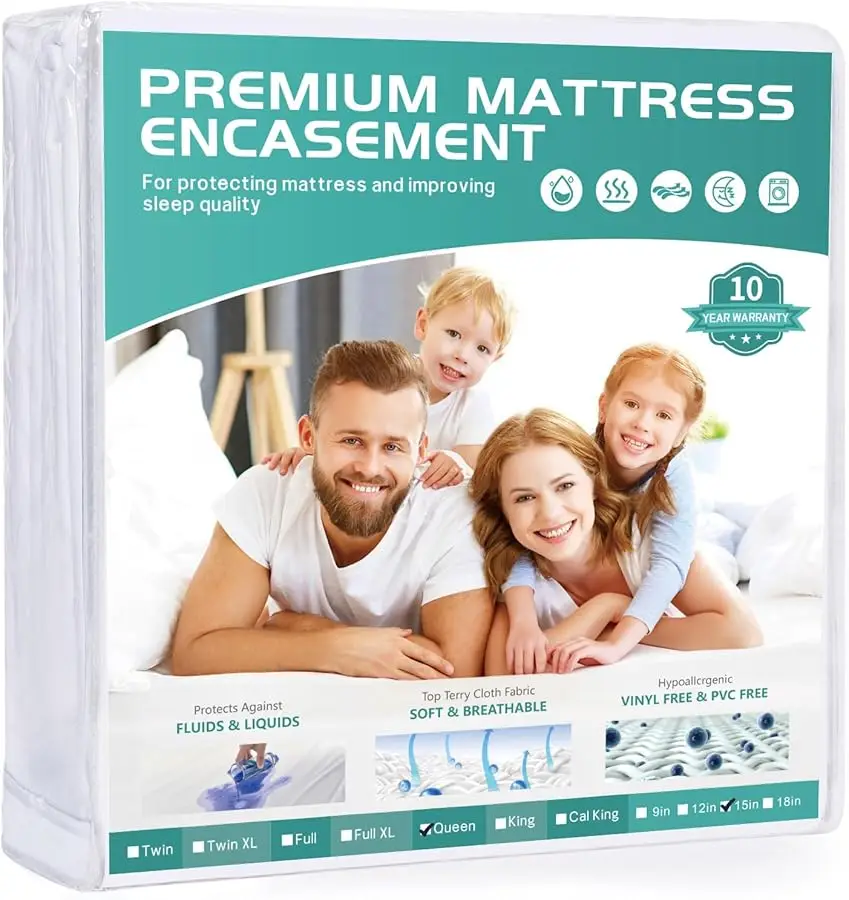 

Queen Mattress Protector Waterproof Fits 12/13 /14/15 Inch Deep, 6-Sides Zippered Mattress Encasement Co er Terry Top