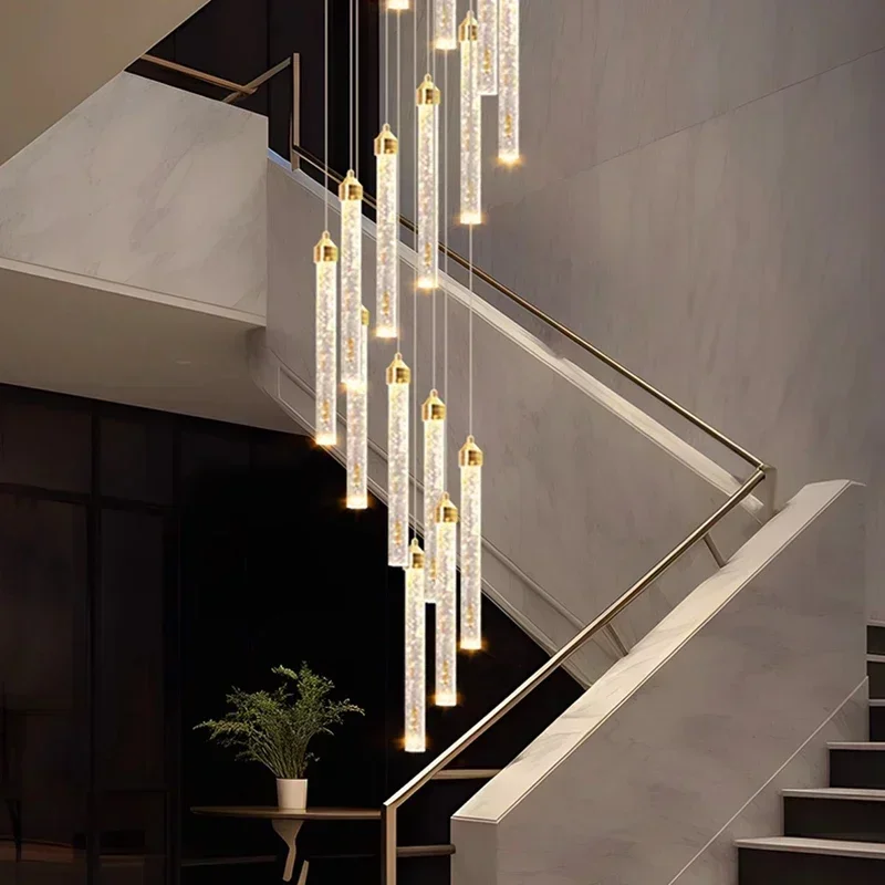 Imagem -05 - Lustre Longo Multi-coluna Luz Dourada Luxo Duplex Grande Cristal Rotating Loft Villa Escada Alta