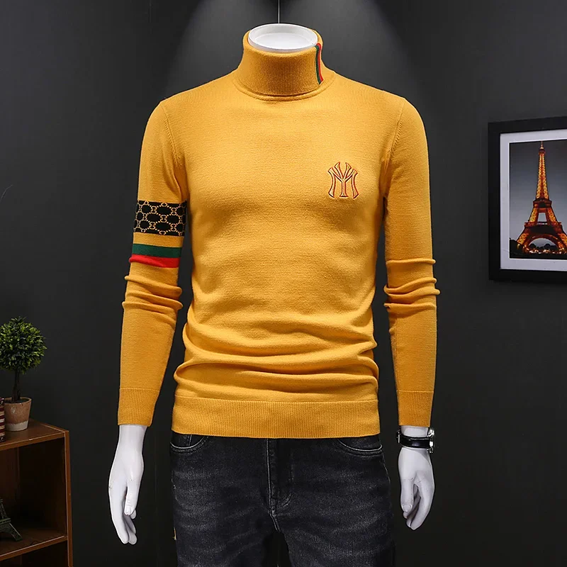 New Exquisite Designer Brand Knitted Sweaters Embroidery High Neck Sweater Men's Autumn Winter Warm Pullover Wear Black Yellow