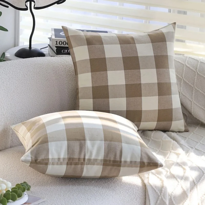 Set of 2 Vintage Brown-White Buffalo Plaid Pillow Covers 18x18inch Pure Cotton Cushion Covers Farmhouse Style Home Decor