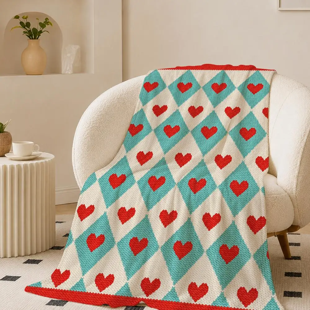 Retro Heart Argyle Pattern Throw Lightweight 240g Flannel Blanket Soft Skin-friendly for Summer Cooling