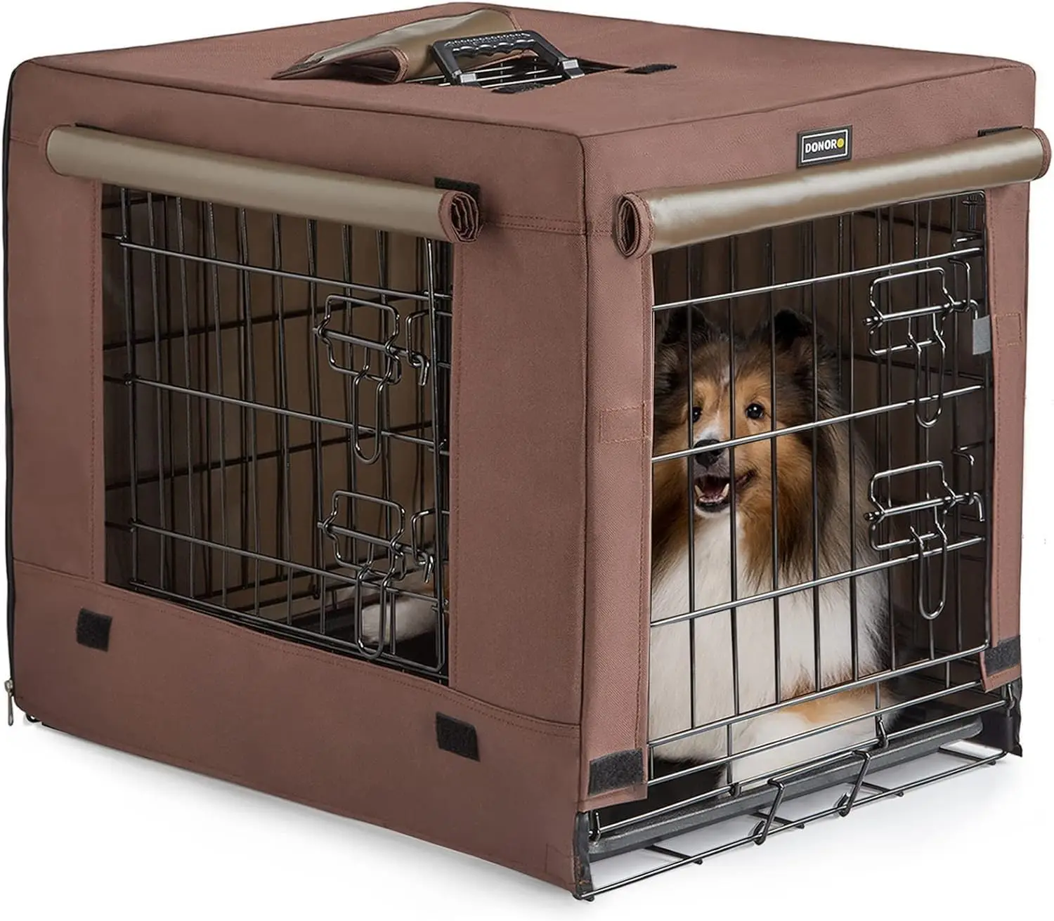 

Collapsible Double Door Dog Crate for Small Pets, Indoor Kennel with Removable Tray & Cover (Brown, 24x18x20 Inches)