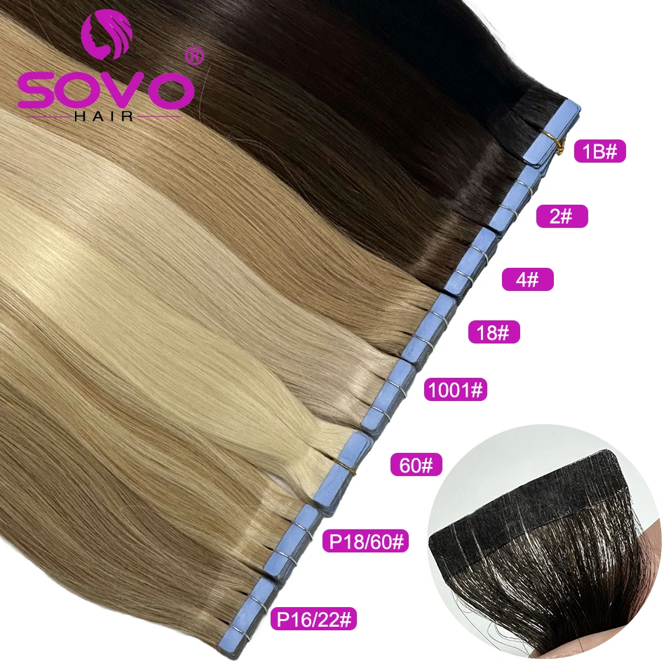 SOVO Tape In Hair Extensions 100% Human Hair Real Natural Hair European Straight Blonde Skin Weft Adhesives Remy Hair Extension