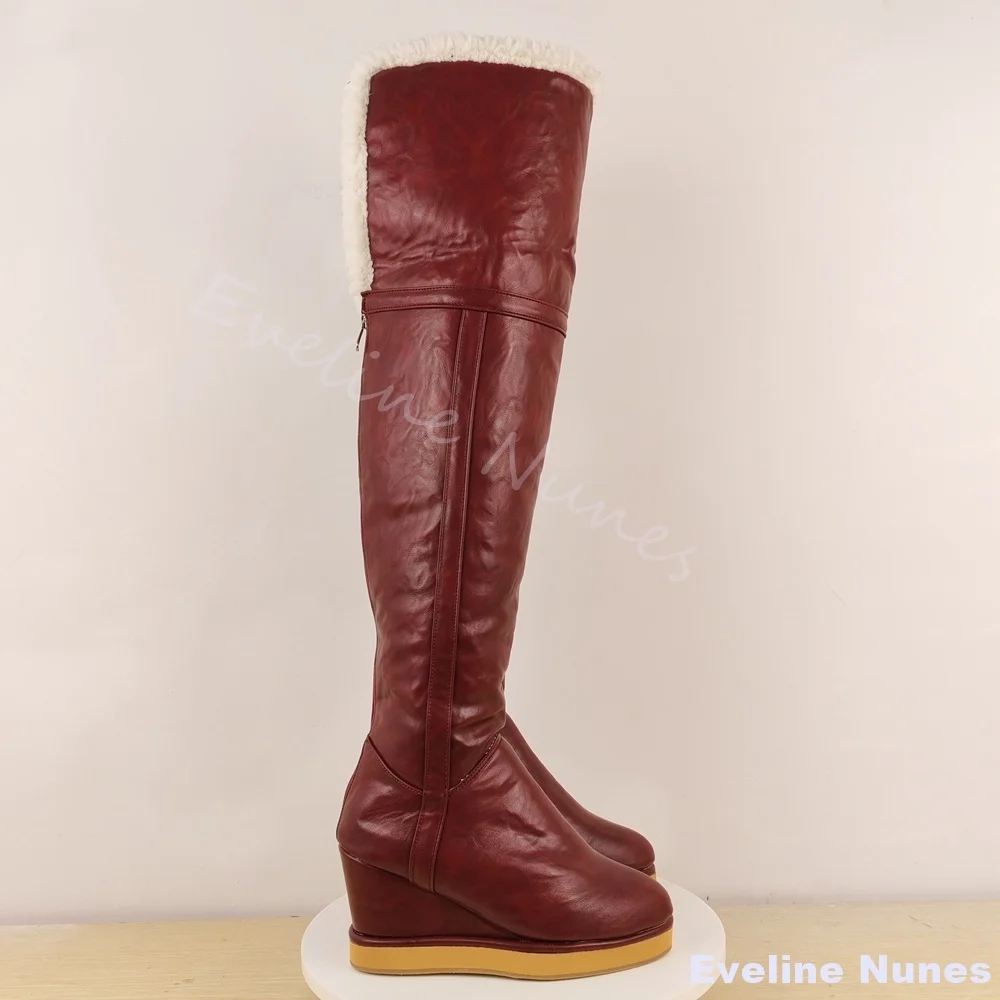Retro Red Leather Over The Knee Boots Women Round Toe Platform Wedges Lambskin Lambswool Folding Boots 2025 Casual Long Boots