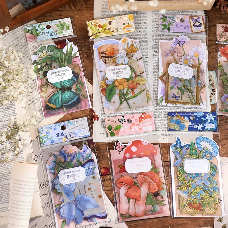 15Pcs Vintage Flower Series Stickers DIY Magazine Decoration Card Decorative Stickers Gift Decoration Stickers Journal Collage