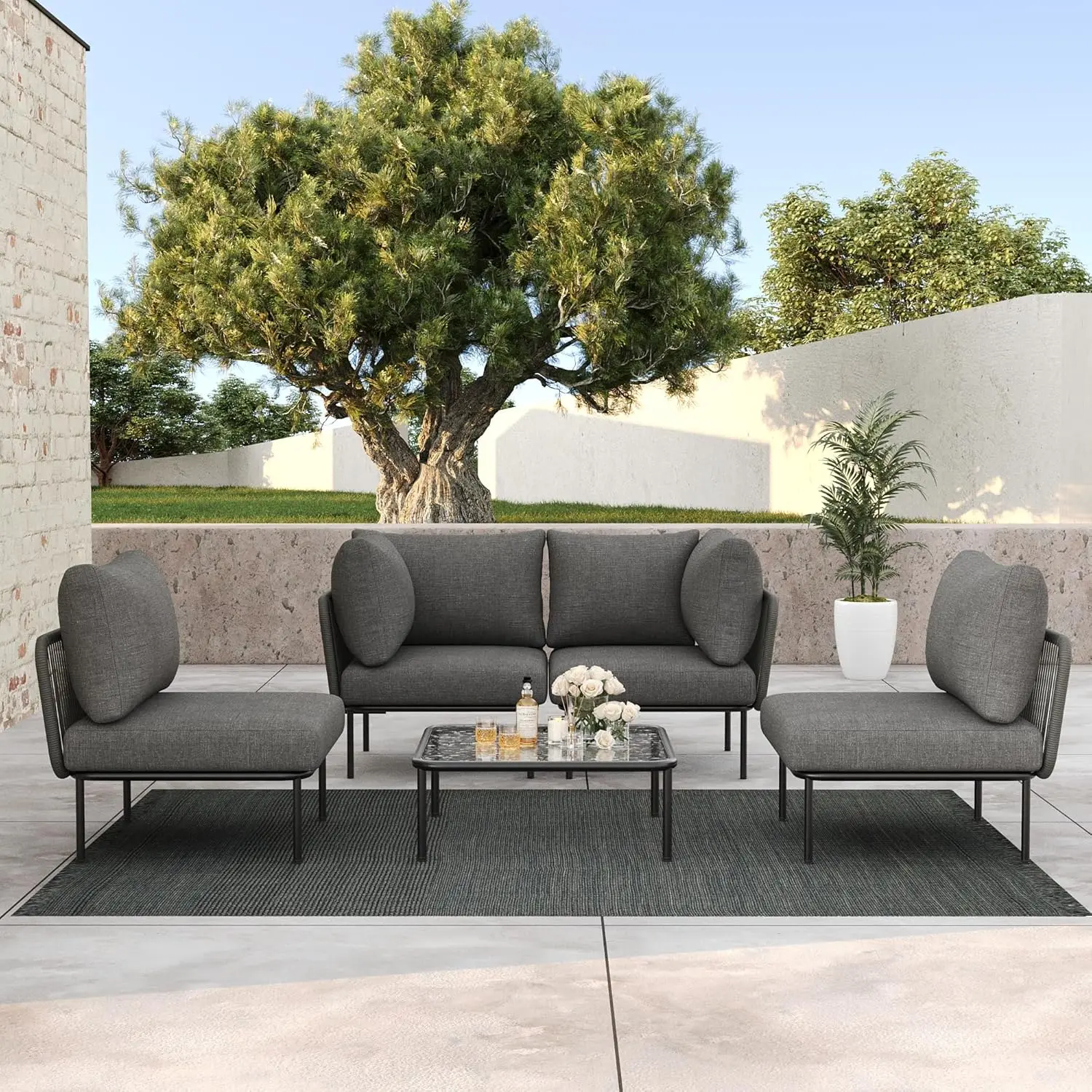 

5 Pieces Aluminum Patio Furniture Set, Modern Modular Sectional Sofa with Coffee Table and Upgrade Thickness Cushion