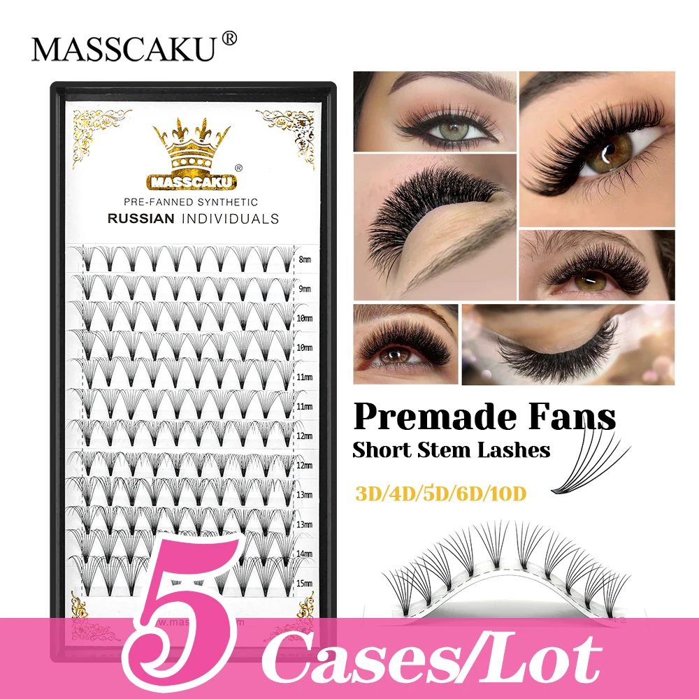 5cases/lot MASSCAKU 12 Lines 3D 4D 5D 6D 10D Thin Root Short Stem Eyelash Matte Deep Black Fluffy Premade Volume Fans Eyelashes