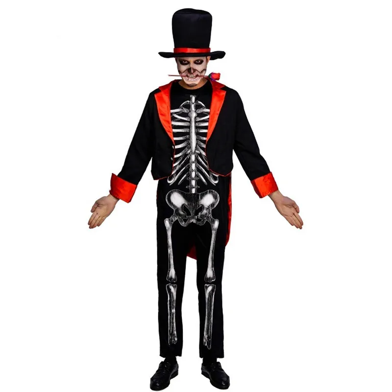 Men Halloween Evil Skeleton Magician Costumes Azrael Ghost Demon Cosplay Carnival Purim Parade Nightclub Role Play Party Dress