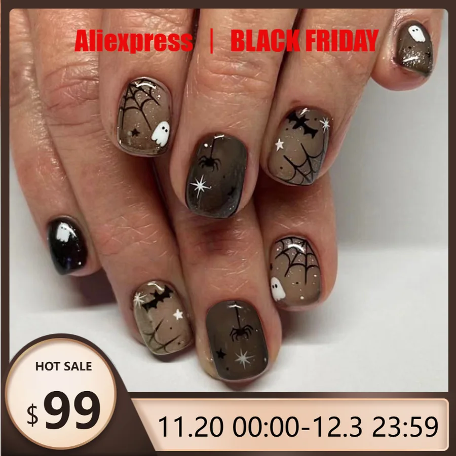 

24pcs Halloween Spider Web Ghost Bat Glitter Black Series Short Square Press-On Nails Holiday Design Shiny Finish False Nails