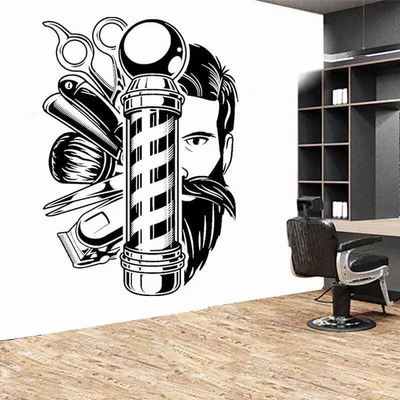 Vintage Barber Wall Sticker Haircut Scissors Comb Barber Shop Hair Salon Door and Window Art Wall Decoration Vinyl Decal LF26
