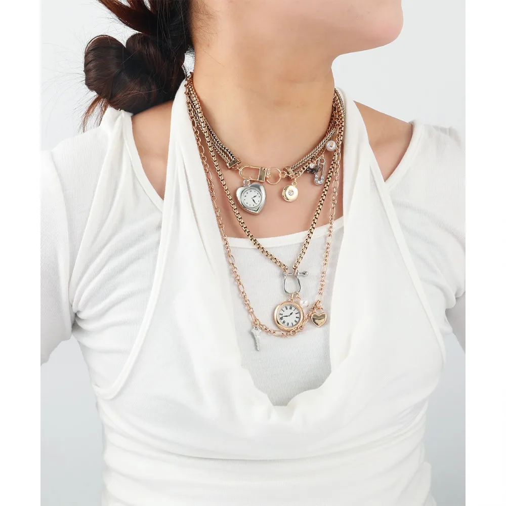 

Vintage Multilayer Necklace Set Pocket Watch Heart Charms Chains Y2K Retro Jewelry for Women Party Accessory Birthday Gift