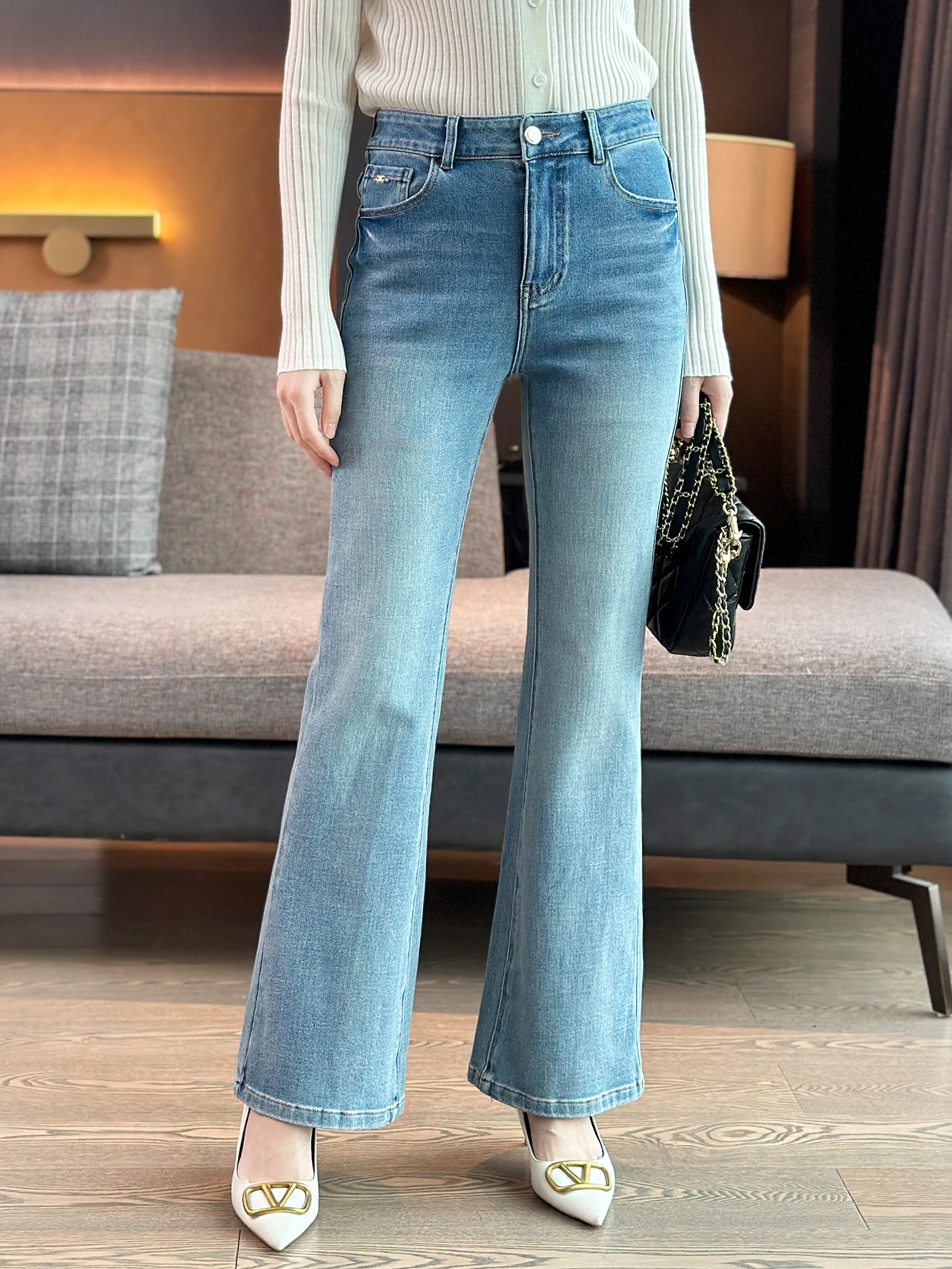 

Slimming High Waist Bell Bot Jeans Embroidered Waed Blue Casual Cotton Denim Pants Faionable Ladies Trousers