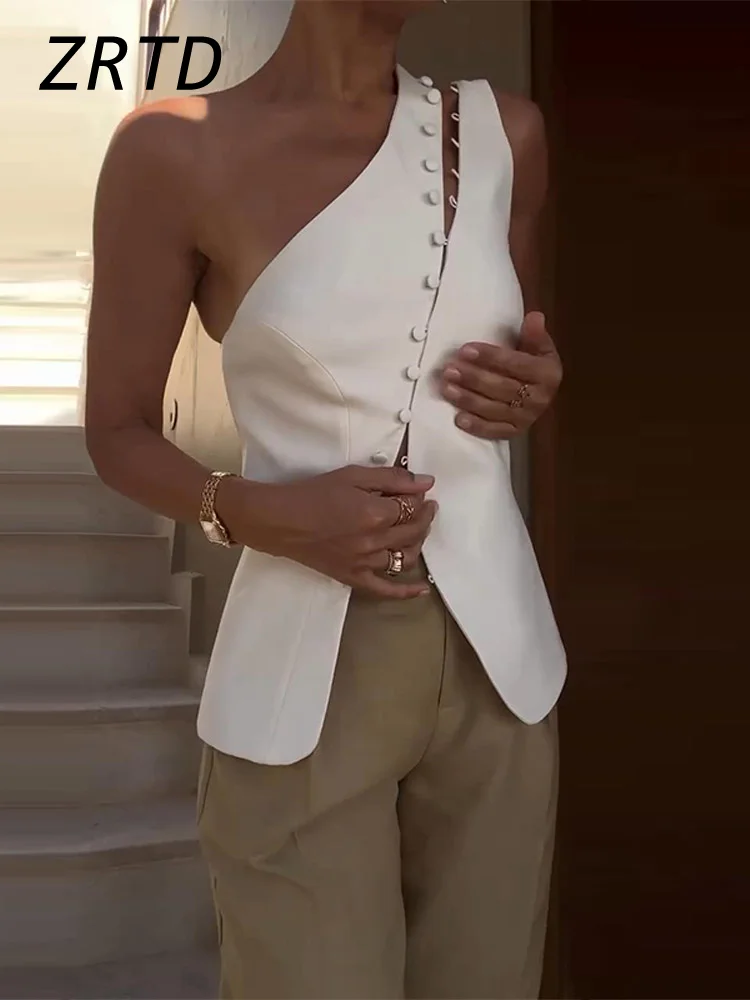 Chalecos elegantes de un hombro para mujer, chalecos ajustados con cuello oblicuo sin mangas, chalecos divididos de un solo pecho, prendas de vestir de calle para verano 2025