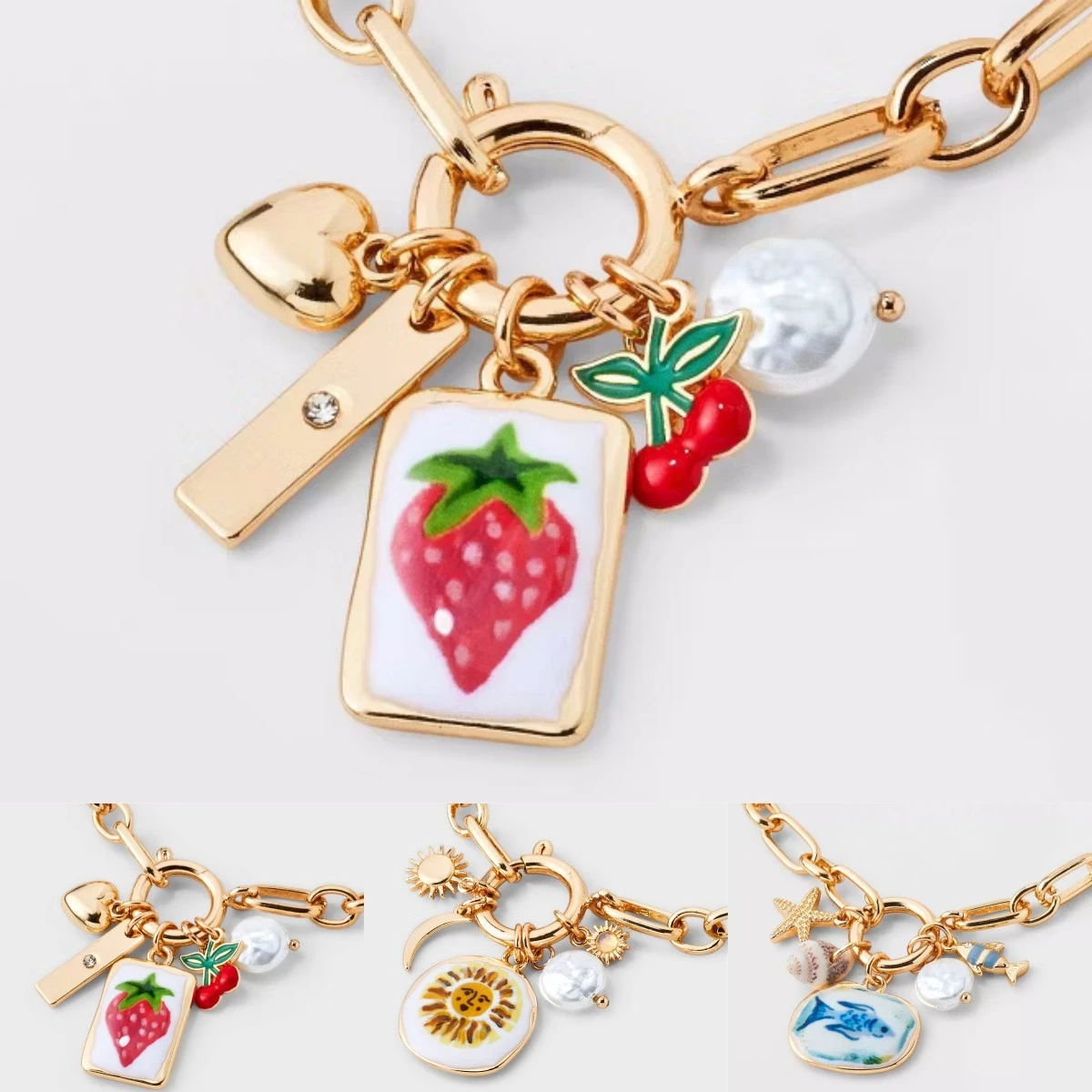 

Summer beach breeze, colorful oil dripping pendant, fresh strawberry starfish, pearl sun necklace, living ring