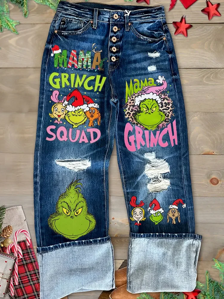 Fun Christmas Print Ripped High Waist Jeans