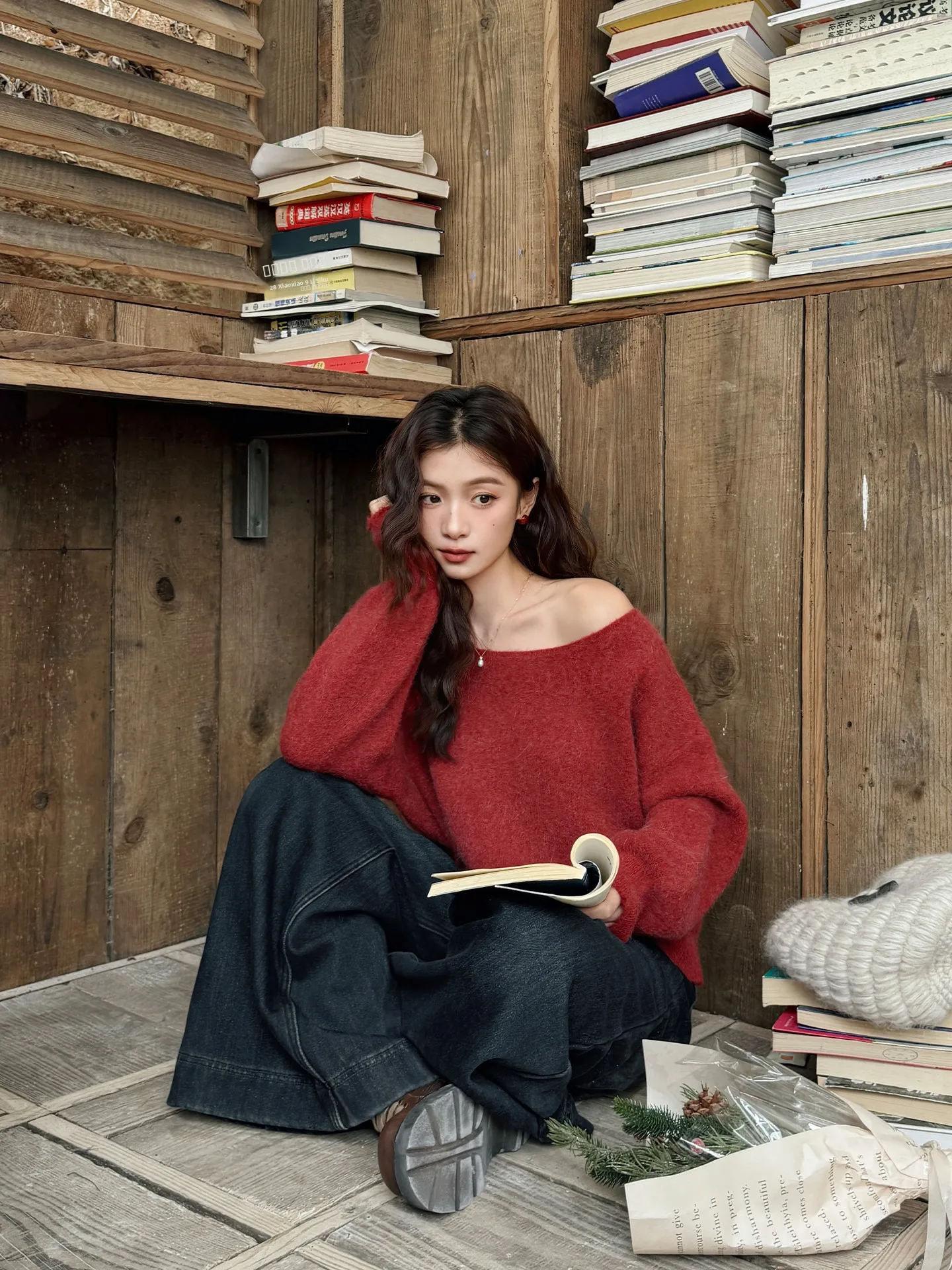 

Ретро-красный крупный круглый вязаный свитер свободного кроя для женщин, мягкий, утепленный, для новогодней атмосферы, зимняя новинка