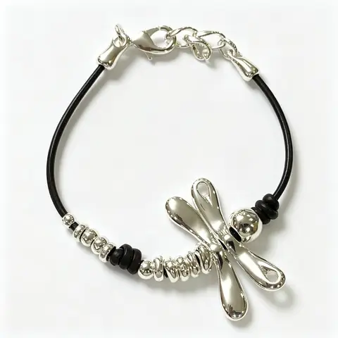 Black Cord Dragonfly Charm Bracelet for Women Silver Tone Alloy Boho Adjustable Sliding Knot Wrist Jewelry Gift