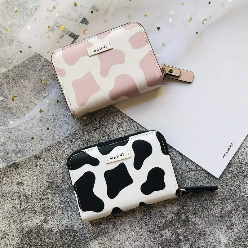 Monedero bonito con patrón de vaca para mujer y niña, Cartera de cuero PU para estudiantes, bolsillo para llaves con cremallera, bolsos de dibujos