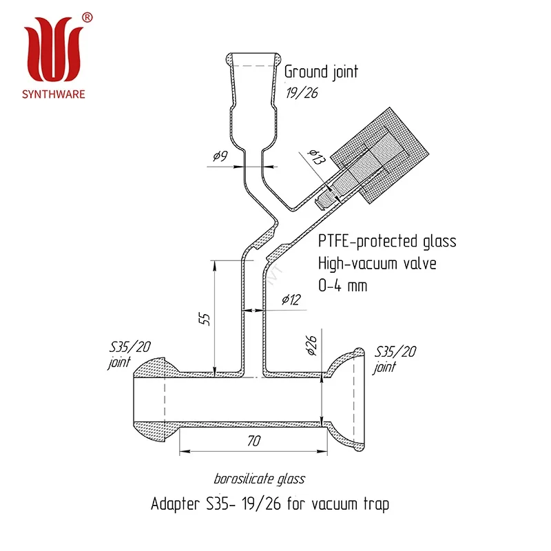 SYNTHWARE Adapter S35-19/26 for vacuum trap, PTFE fully coated O-ring, High-vacuum valve 0-4 mm, Borosilicate glass