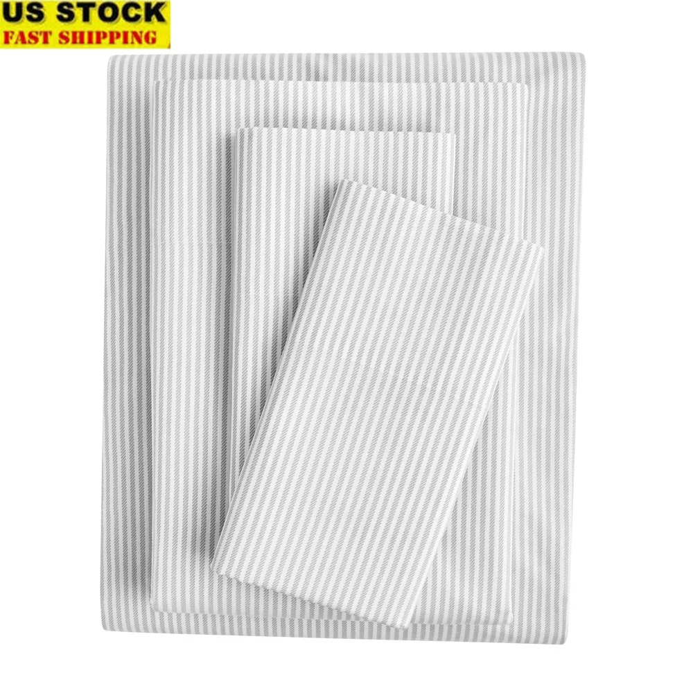 

300 Thread Count Gray Stripe Cotton Blend Bed Sheet Set Twin XL Moisture Wicking Quick Dry Percale Fabric Easy Care 3 Piece Set