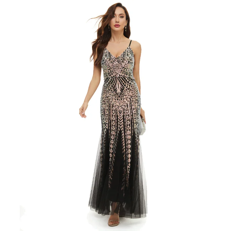 Robe de soirée en maille pour femmes, longue, col en V profond, paillettes argentées, Sexy, fête Maxi