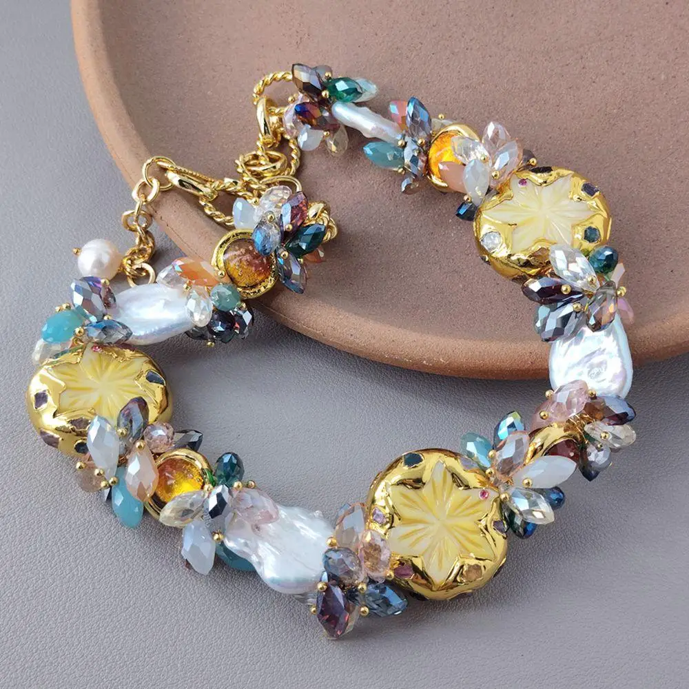 yygem  18x22mm Freshwater White Keshi Pearl 30mm Yellow Shell Flower Murano Glass Multi Color Crystal Statement Necklace - view 3
