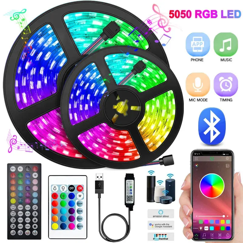 Tira de luces Led RGB 5050 con Bluetooth, cinta Flexible de diodo, 5V, USB, Wifi, Control por aplicación de teléfono, retroiluminación de TV, 1-30