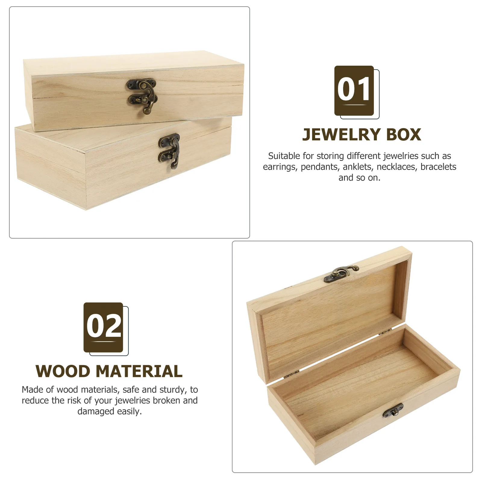 

2Pcs Rectangular Wooden Jewelry Box Delicate Organizer Case Storage for Earrings Bracelets Necklaces Decorative Container
