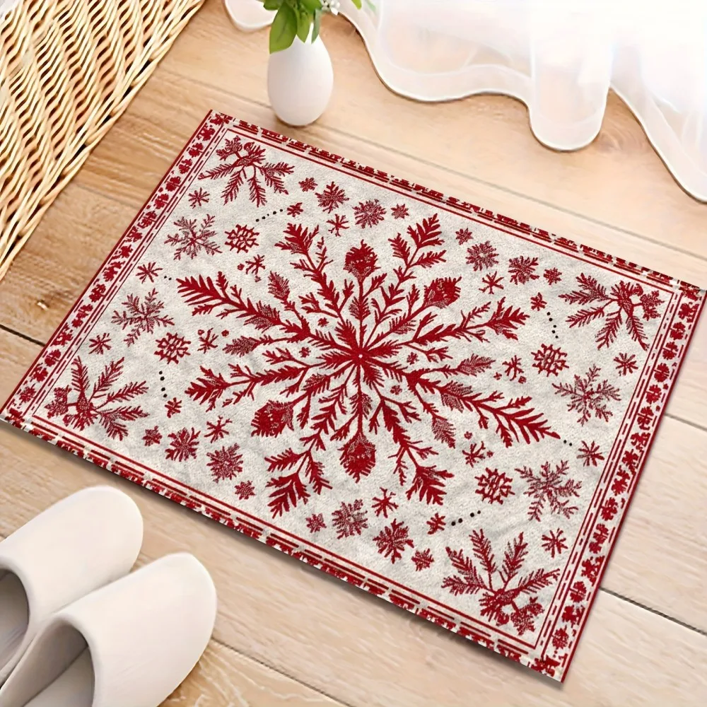 Entrance Floor Mat Red Snow Snowflake Letters Print Skidproof Indoor Entrance Way Hallway Living Room Holiday Decor Rug