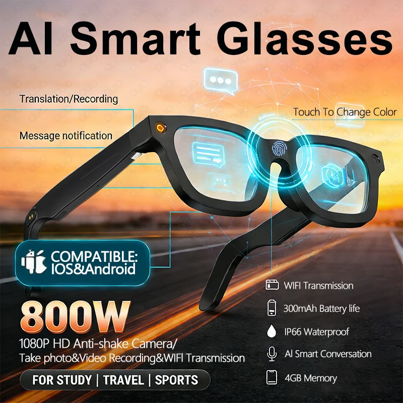 

New Smart Glasses 800W HD Photo Video AI Record Translation Bluetooth Call Touch Photochromic Lenses Music Multifunction Glasses