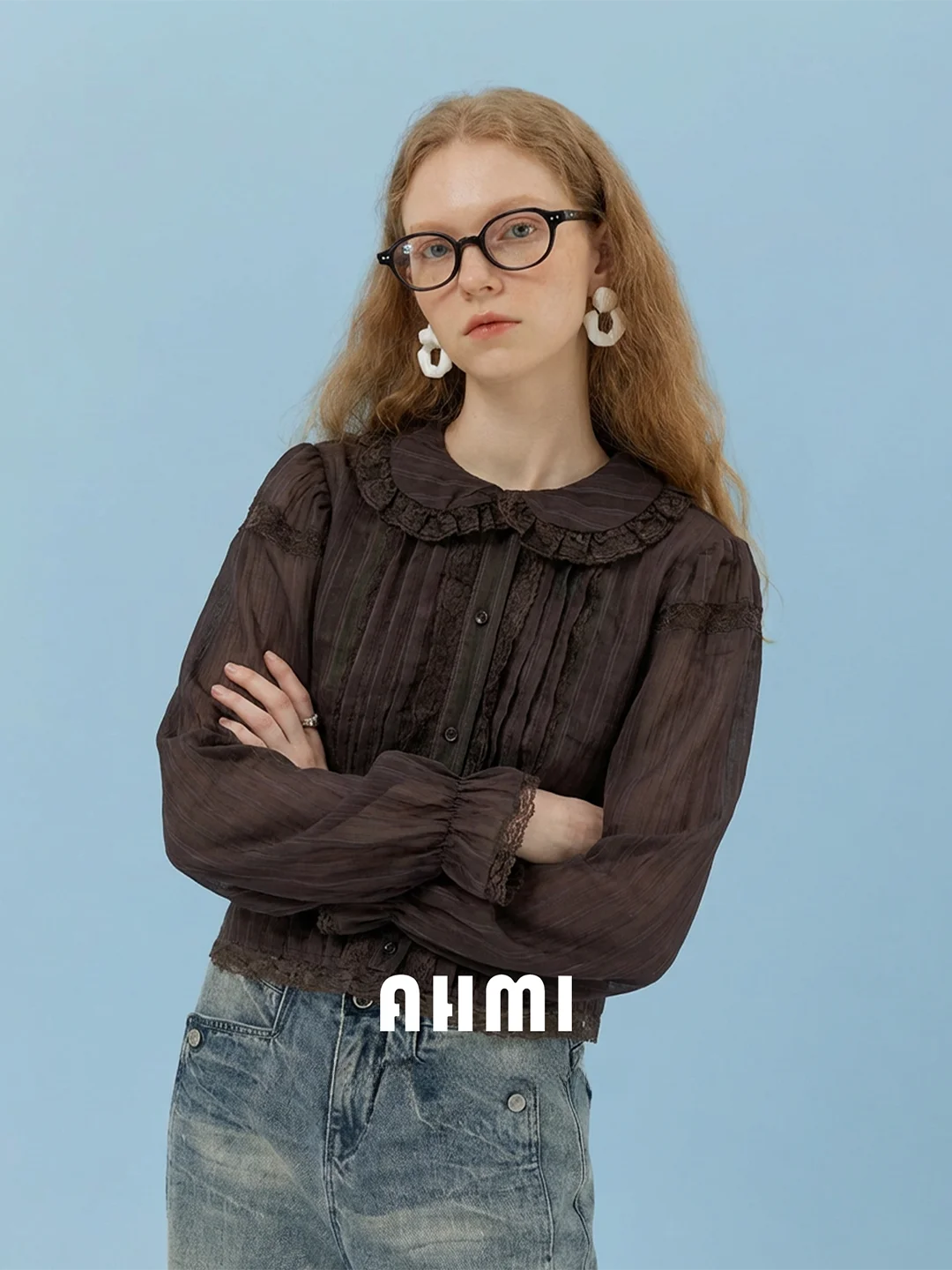 

Женская блузка AHMI с кружевной отделкой, воротником-стойкой, плиссировкой и длинными рукавами, весенняя новинка, элегантный дизайн, винтажный стиль, свободный крой