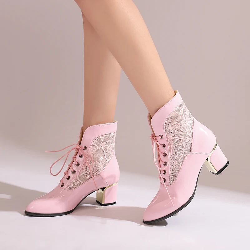 

Hollow Lace Fabric Patchwork Shiny Patent Leather Pointed Toe Thick Heel Lace Up High Heels Elegant Office Women's Shoes