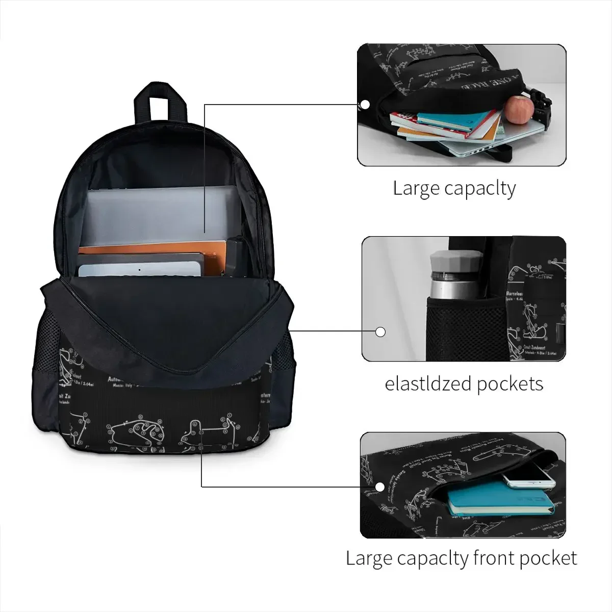 F1 Race Tracks (White Stencil-No Background) Backpacks Bookbag Students School Bags Rucksack Travel Rucksack Shoulder Bag