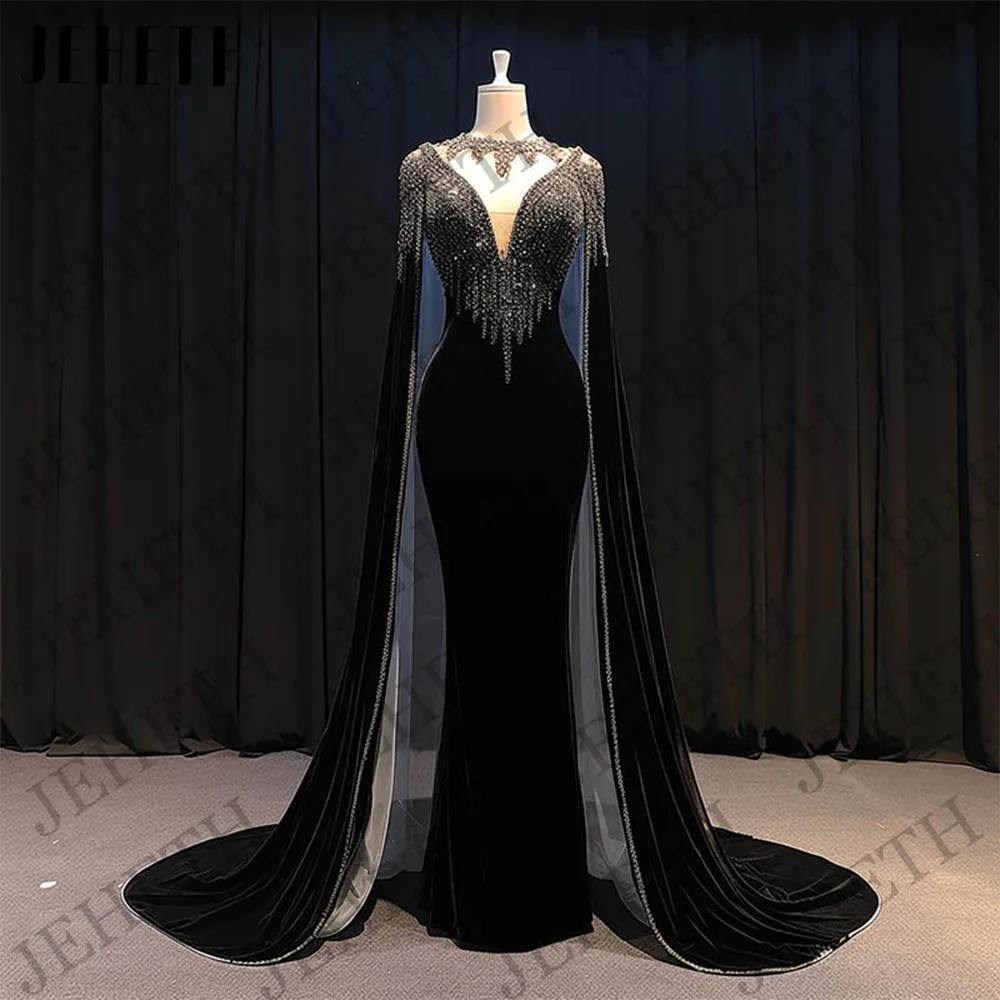 JEHETH Real Photos فساتين السهرة Mermaid Evening Dress With Cape Black Luxury Velvet V Neck Beads Prom Formal Vestidos De Noche