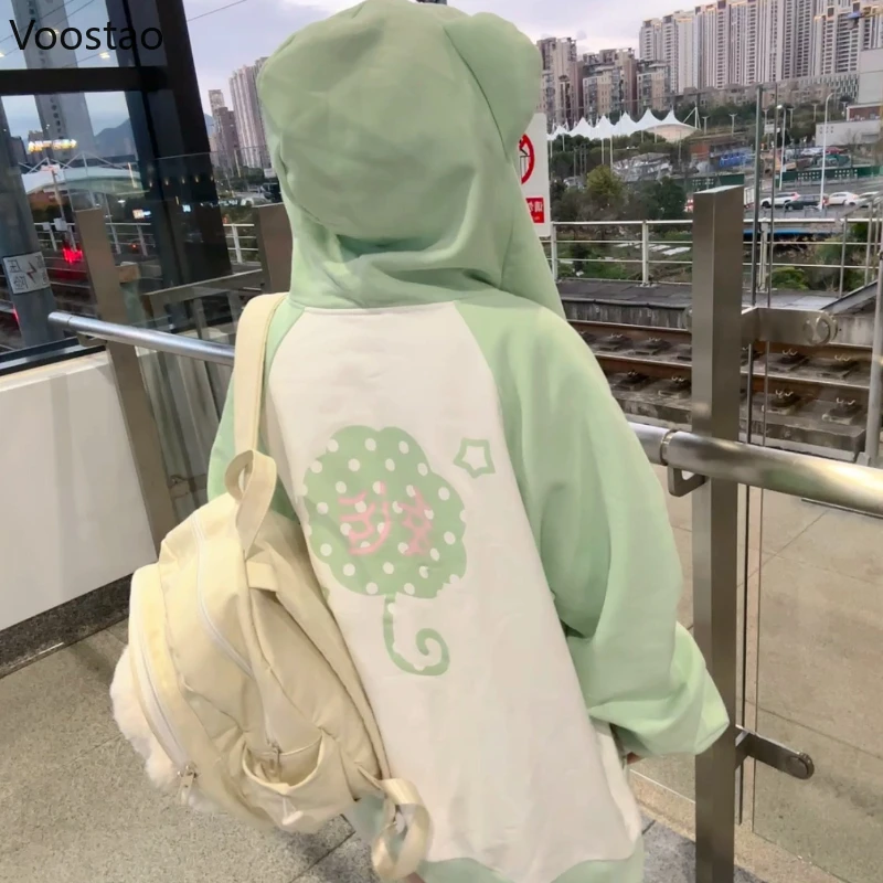 اليابانية Kawaii لوليتا سستة هوديس المرأة الحلو الدب آذان مقنعين معاطف الخريف الجرونج هودي Y2k التطريز فضفاض ​ ​ بلوزات