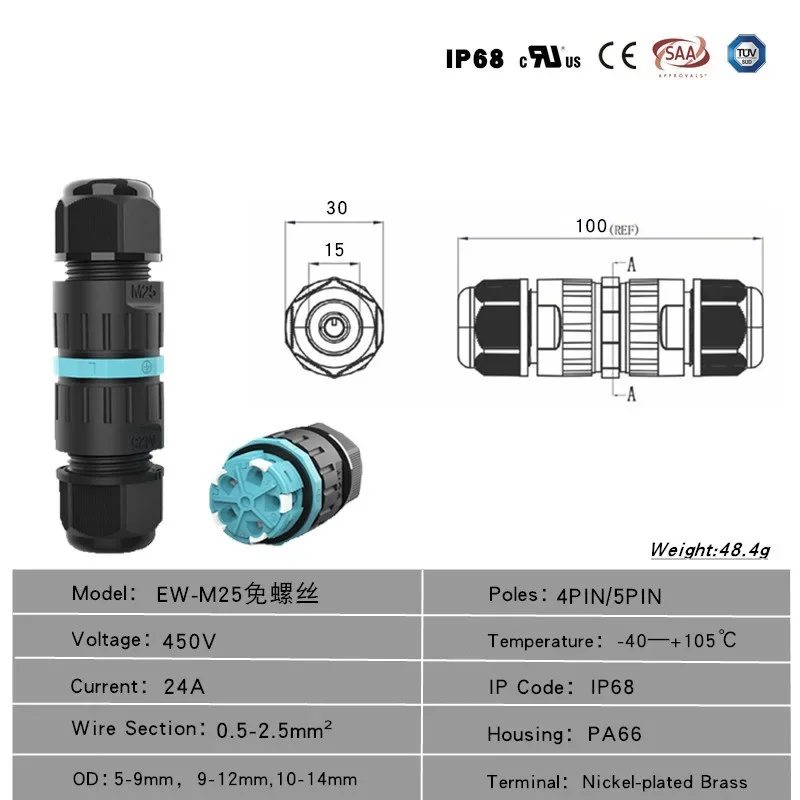 IP68 Outdoor Cable Waterproof Union M25 Screwless Quick Coupling Waterproof Union 5-pole Push Type Connector