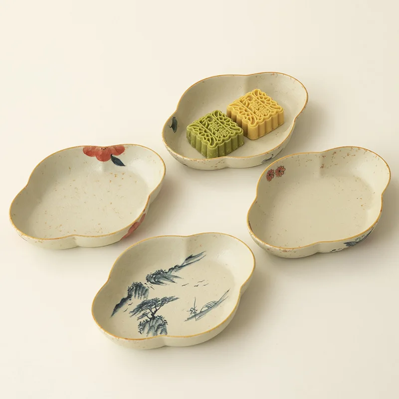 Blue and White Flint Red Dessert Plate Chinoiserie Pastry Plate Tea Table Exquisite Snacks Dried Fruit Plate