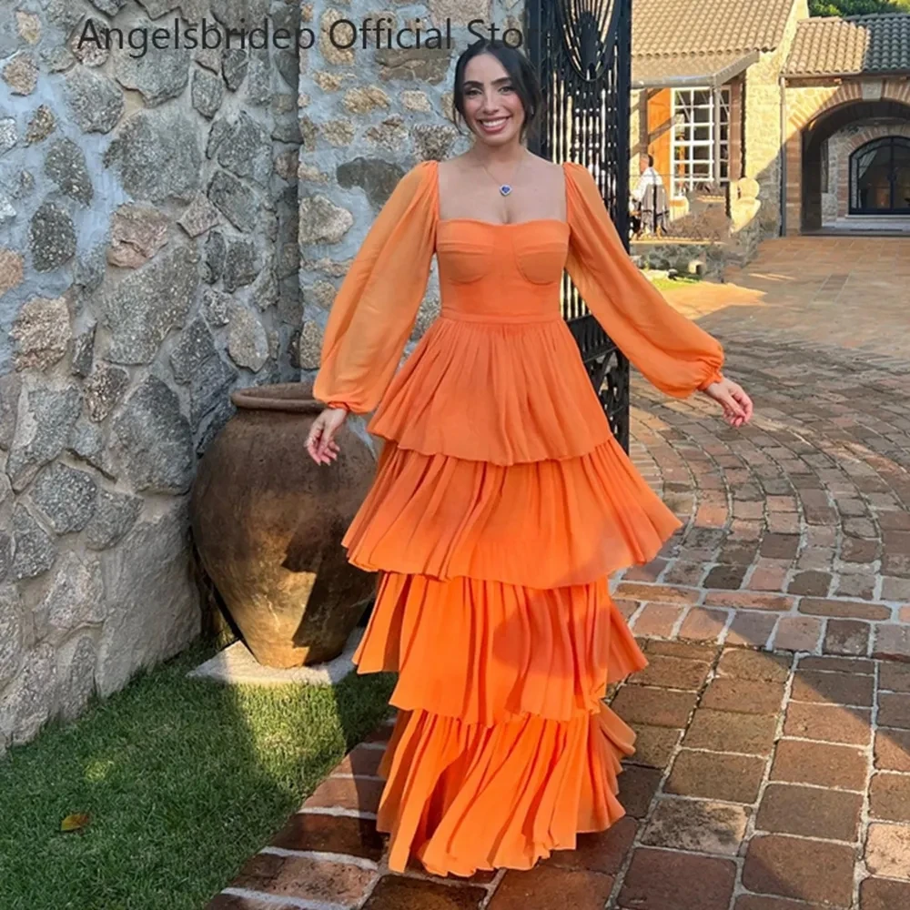 

Angelsbridep Orange Tiered Chiffon A-line Prom Dresses Dubai Vestidos De Noche Long Puff Sleeves Robes De Soirée Party Dresses