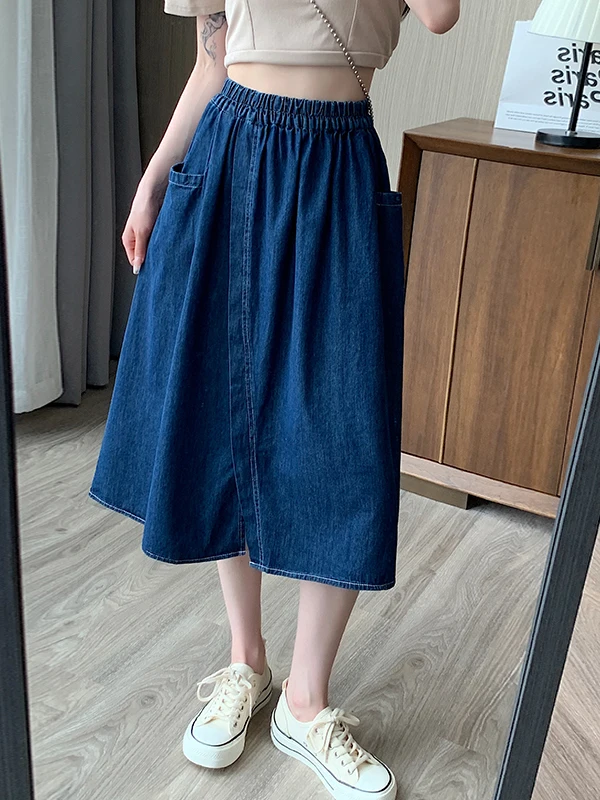 High Waist Cotton Denim Waed A-Line Skirt Women's Loose Slimming Spring Faion Korean Sle f-length Skirt
