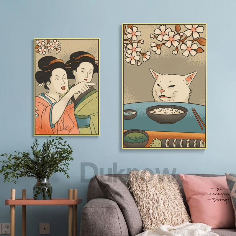 Woman Yelling at Cat Art Prints Ukiyo-e Style Home Wall Decor Funny Japanese Wall Art Canvas Painting Kitchen Decoration Picture