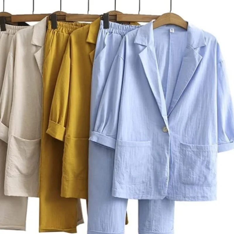 

Women's Commuting Suit Set with Cotton and Linen Outerwear and Loose Pants, Fashionable and Casual 2025 New Arrivals