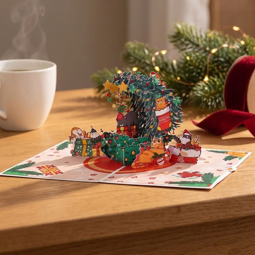 Amusement Park Theme Cat Christmas Greeting Card with Envelope Paper Carved 3D Pop Up Card Handmade
