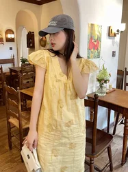 86-94cm Bust Summer Women Exquisite Full Sunflower Embroidered Yellow Ramie Dresses