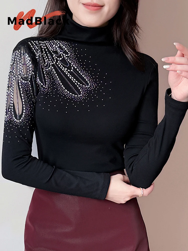 

MadBlack-Женская европейская футболка, сексуальная водолазка с бриллиантами, уличная тонкая трикотажная футболка с длинными рукавами M-3XL, новинка зимы 2025 года T5N907CC