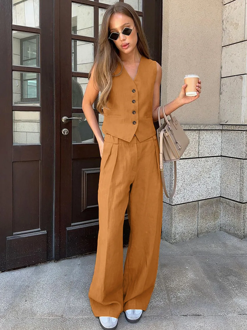 

Women Linen Cotton Chic Vest Pants Suits Office Ladies Summer Womens Outfits Chic Sleeveless 2 Piece Suits Two Piece pants Sets
