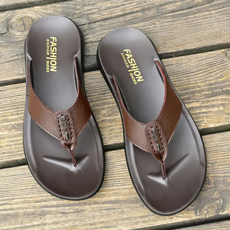 Hot sale Men\'s slipper Non-slip Genuine Leather Flip-Flops Soft Slippers Flat For Mens Casual Shoes Sandalias MSA515